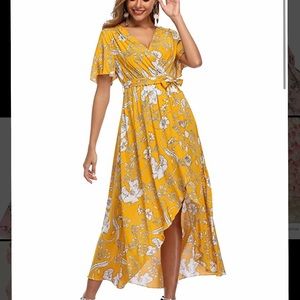 High-Low/Maxi Yellow Floral V-neck Wrap dress